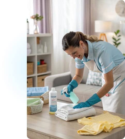 Professionelle Reinigungskraft wischt sorgsam eine Arbeitsfläche in einem Haushalt mit Neugeborenem – hygienisch und babyfreundlich.