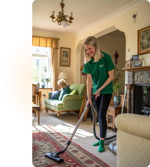 Professionelle Haushaltshilfe putzt den Boden in einem hellen Wohnzimmer – perfekte Reinigung und Vertrauen.