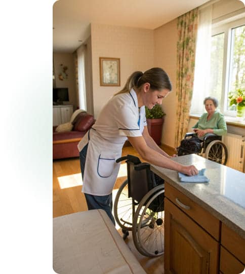 Sanfter Umgang mit Reinigungsmitteln: Eine Servicekraft säubert die Arbeitsfläche eines Rollstuhlnutzers – sauber und barrierefrei.