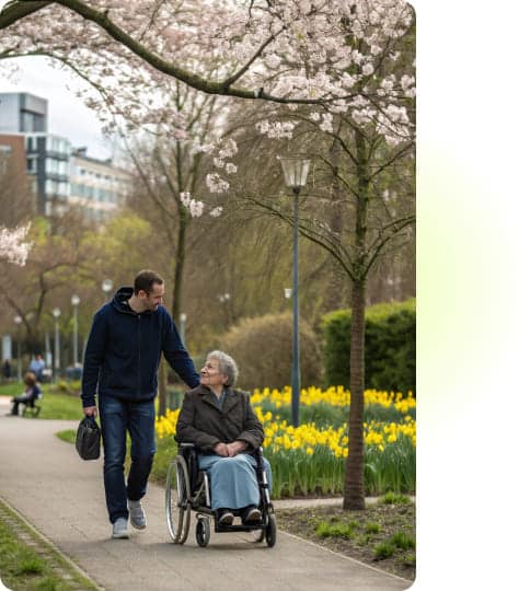 Alltagshelfer und Seniorin gehen gemeinsam spazieren – Hilfe bei der Alltagsbewältigung.