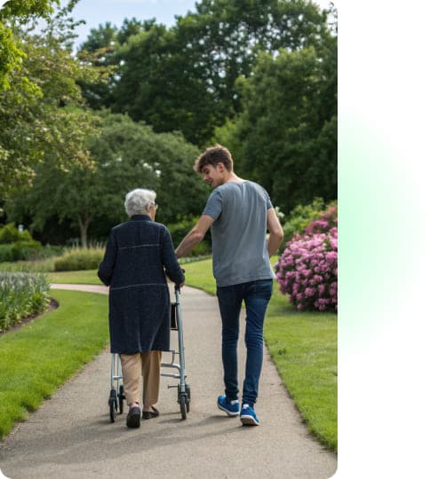 Eine Servicekraft begleitet eine ältere Frau mit Gehhilfe durch den Park – soziale Unterstützung mit Herz.