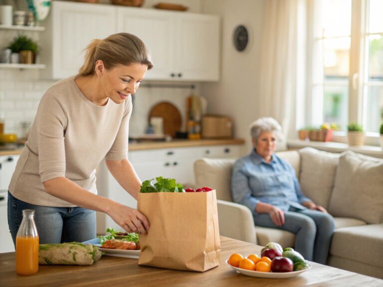 Seniorin erhält liebevolle Hilfe im Alltag von den Alltagsfeen