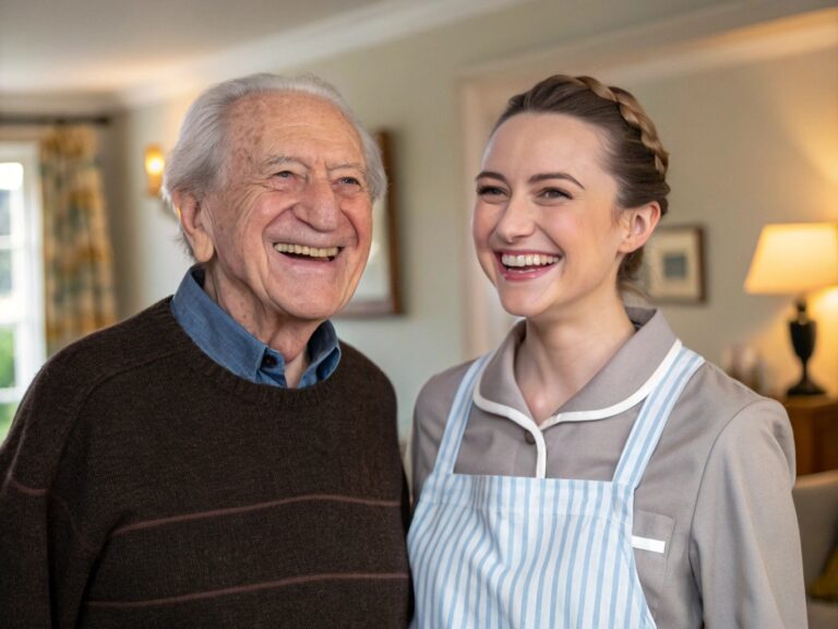Seniorin und Alltagsfee lächeln gemeinsam
