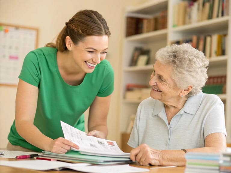 · Eine lächelnde Alltagsfee hilft einer Seniorin beim Ordnen von Unterlagen.