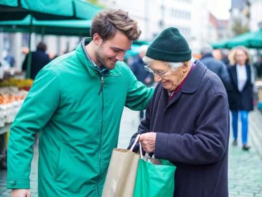 Alltagsfee hilft einem Mann beim Einkaufen in Aachen