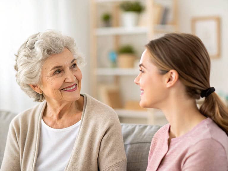 Eine fürsorgliche Alltagsfee unterhält sich mit einem Senior.