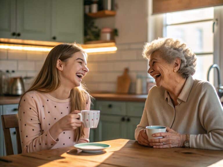 Ein älteres Paar lacht gemeinsam mit einer Alltagsfee bei Kaffee.