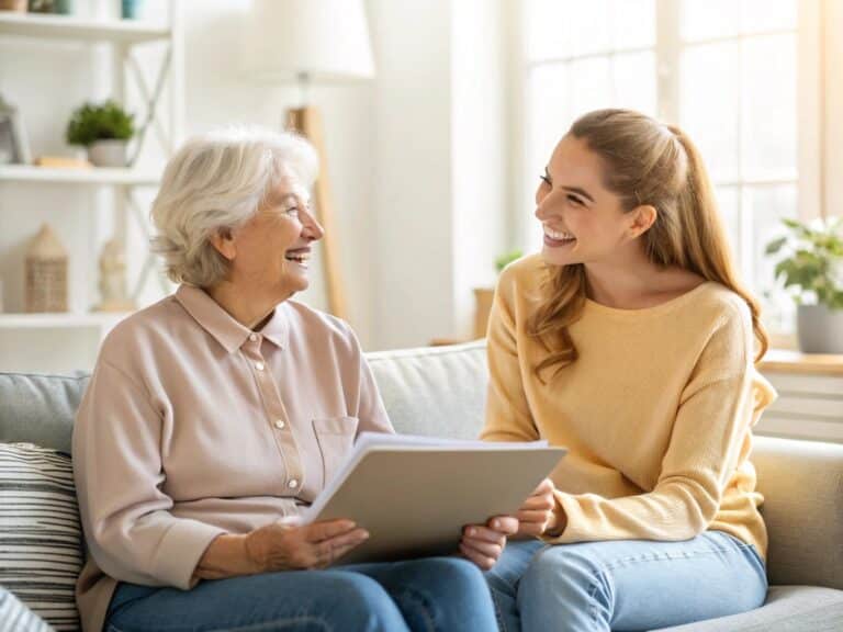 Eine glückliche Seniorin und ihre Alltagsfee bei einem Gespräch