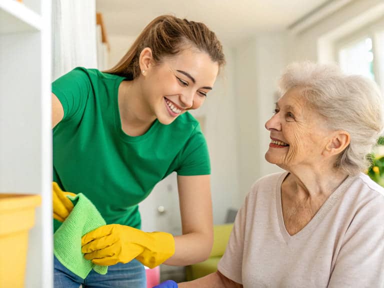 Eine Alltagsfee hilft einer lächelnden Seniorin im Haushalt