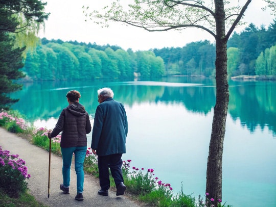 Eine Alltagsfee und eine Seniorin spazieren an einem See in Nettetal