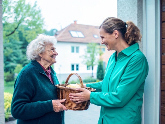 Eine Alltagsfee überreicht einer Seniorin in Neunkirchen einen Korb