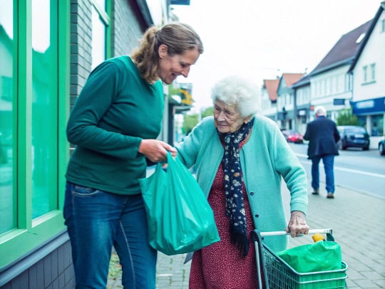 Eine Alltagsfee hilft einer Seniorin in Willich beim Einkaufen