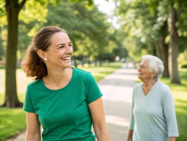 Eine Alltagsfee begleitet einen Senior bei einem Spaziergang im Park.