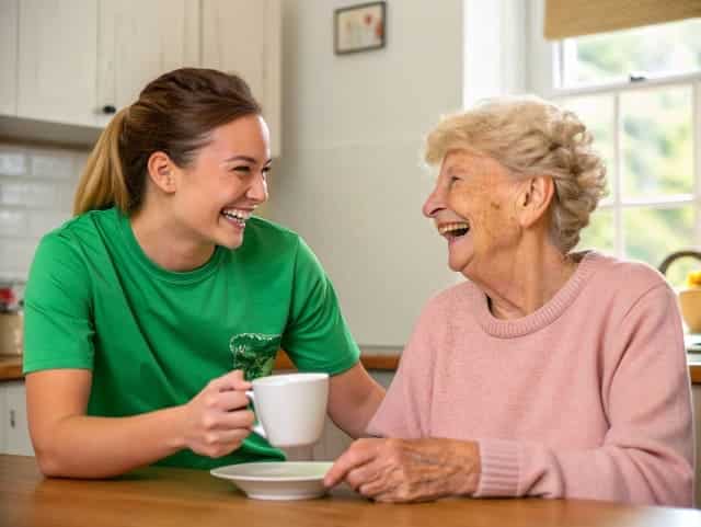 Eine Alltagsfee und eine Seniorin lachen gemeinsam bei einer Tasse Tee.