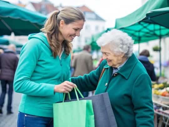 Eine Alltagsfee hilft einer Seniorin beim Einkaufen in Sankt Augustin.