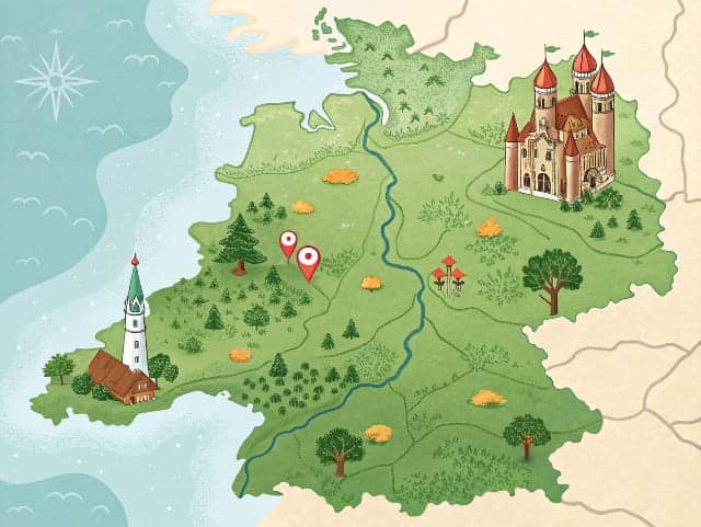 Landkarte von NRW mit Markierungen für Standorte der Alltagsfeen.
