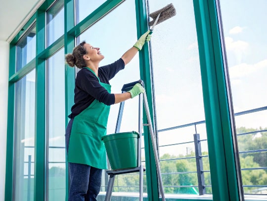 Eine fröhliche Haushaltshilfe beim Fensterputzen in Dorsten.