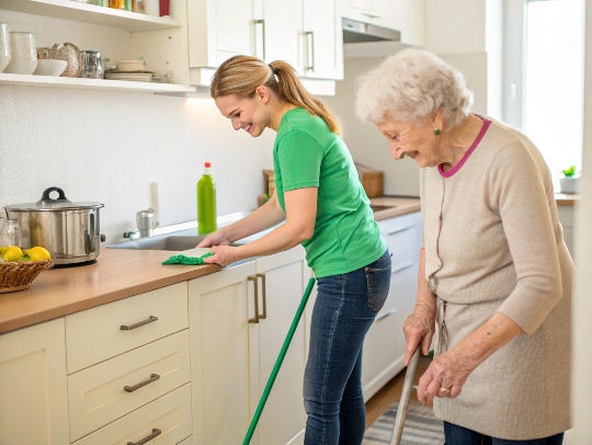 Eine Alltagsfee hilft einer Seniorin im Haushalt in Gladbeck.