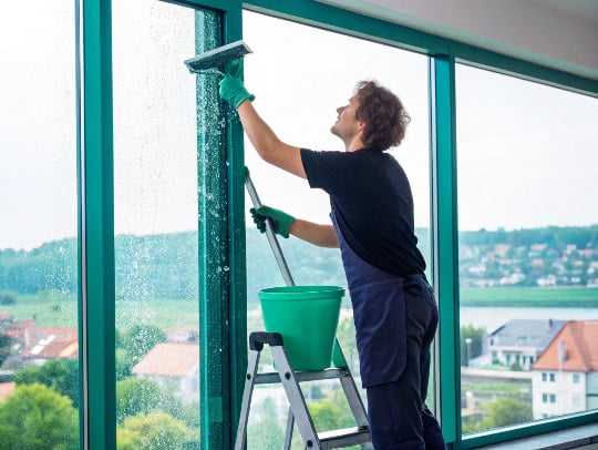 Eine freundliche Alltagsfee putzt ein Fenster in Herzogenrath.
