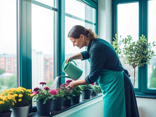 Eine Alltagsfee gießt Blumen in einer Wohnung in Kleve