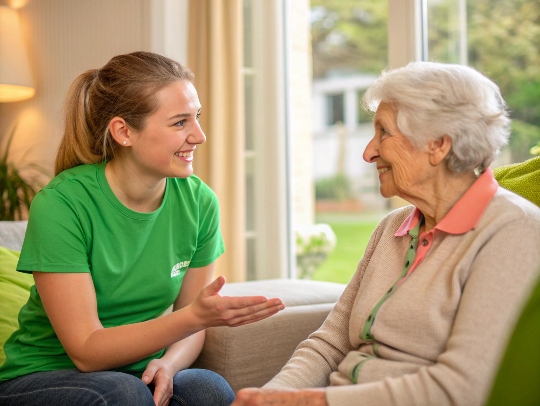 Eine Alltagsfee unterhält sich mit einem Senior in Lünen.