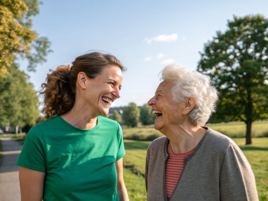 Eine Alltagsfee und eine Seniorin lachen zusammen in Rheine.
