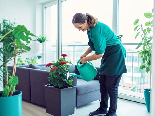 Eine Alltagsfee gießt Blumen für einen Kunden in Schwerte.