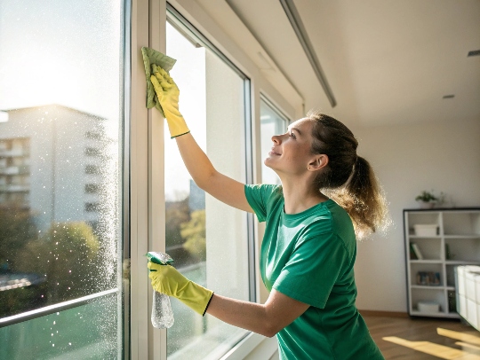Eine Alltagsfee putzt ein Fenster in einer Wohnung in Velbert.