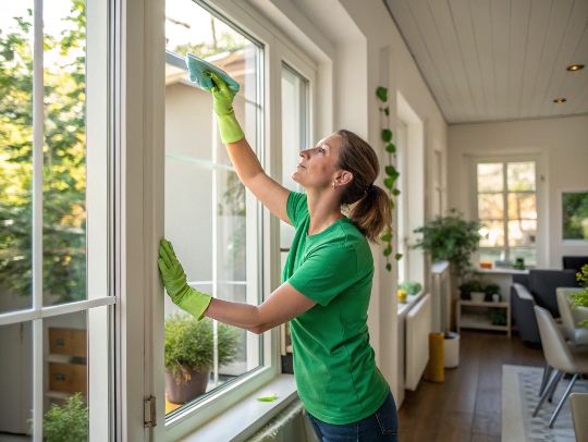 Engagierte Haushaltshilfe beim Fensterputzen in einem Haus in Ahaus.