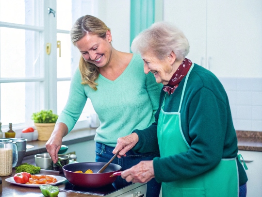 Eine Alltagsfee unterstützt einen Senior in Delbrück beim Kochen