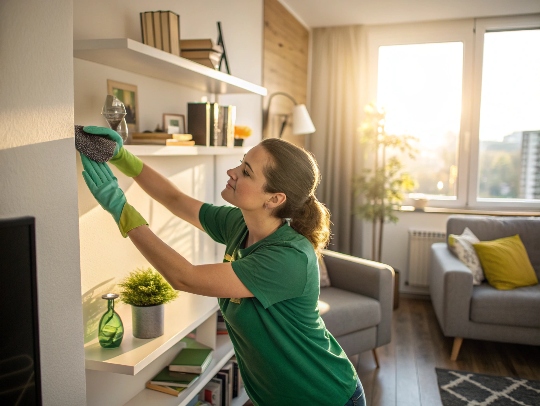 Eine Alltagsfee staubt sorgfältig ein Regal in einer Wohnung in Erkrath.