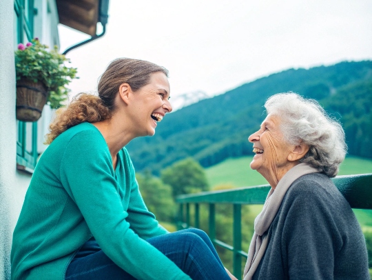 Eine Alltagsfee und eine ältere Dame lachen gemeinsam in Goch.