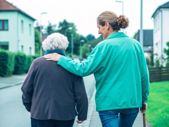 Nette Alltagsfee hilft einem Senior beim Spaziergang in Kamp-Lintfort.