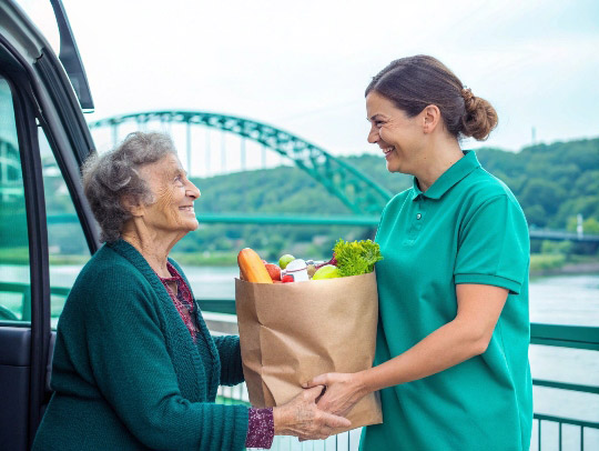 Freundliche Alltagsfee überreicht einer Seniorin in Porta Westfalica den Einkauf.