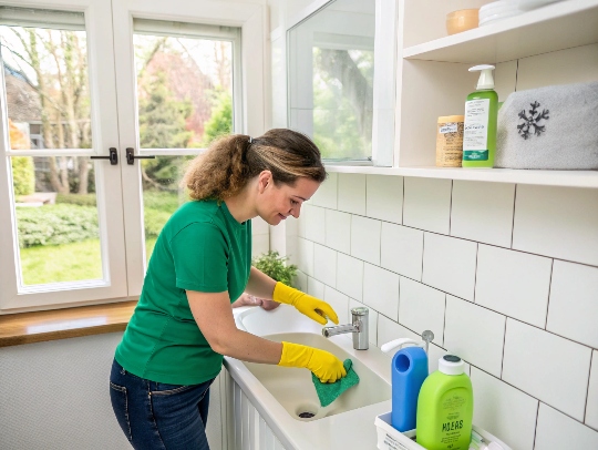 Eine Alltagsfee putzt ein Badezimmer in einem Haus in Wesel.