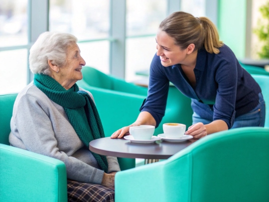 Alltagsfee und Seniorin beim gemeinsamen Kaffee trinken in Enger