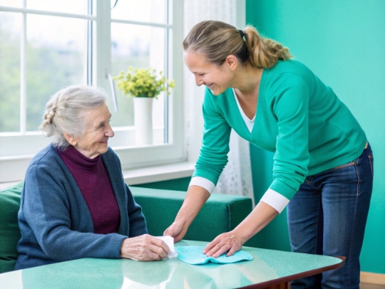 Eine Alltagsfee hilft einer Seniorin im Haushalt in Halle.