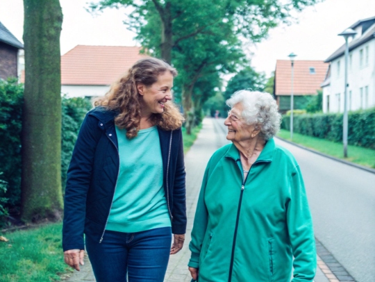 Eine Alltagsfee begleitet eine Seniorin bei einem Spaziergang in Hamminkeln.
