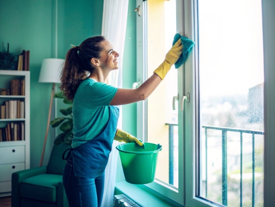 Eine Alltagsfee putzt ein Fenster in einer Wohnung in Heiligenhaus.