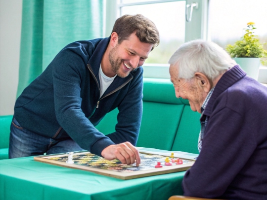 Alltagsbegleiterin und Senior spielen Brettspiel in Hiddenhausen