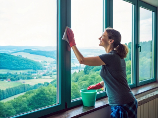 Haushaltshilfe reinigt Fenster mit Blick auf das Bergische Land in Kürten