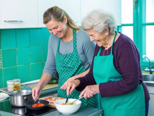 Pflegekraft unterstützt Seniorin beim Kochen in der Küche in Marsberg