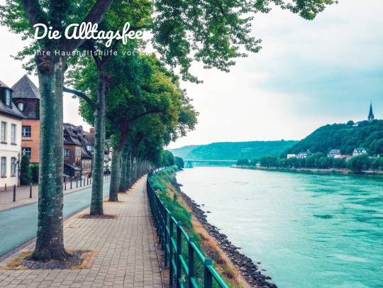 Die Rheinpromenade in Rees mit dem Logo der Alltagsfeen.