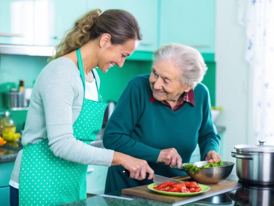 Freundliche Haushaltshilfe unterstützt Seniorin in Senden beim Kochen