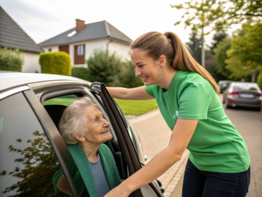 Alltagsfee hilft Seniorin beim Einsteigen ins Auto in Warstein