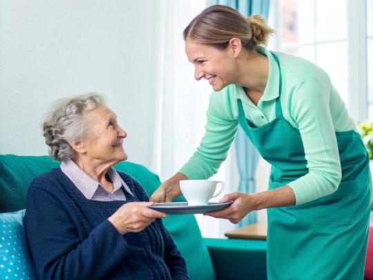 Entspannte Seniorin in Bad Lippspringe genießt sauberes Wohnzimmer