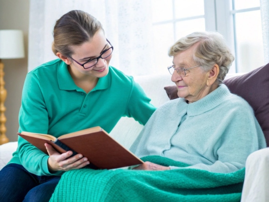 Pflegekraft unterstützt Seniorin beim Lesen in Bad Lippspringe