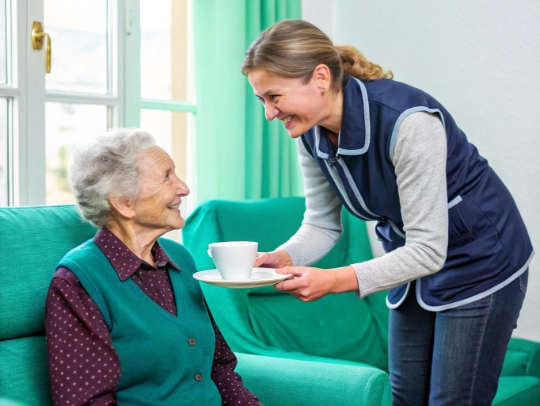 Freundliche Haushaltshilfe und Seniorin trinken Kaffee in Blomberg