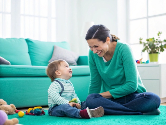 Glückliche Mutter mit Kind in sauberem Wohnzimmer in Rahden