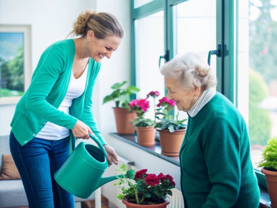 Alltagsfee hilft Seniorin beim Blumengießen in Straelen